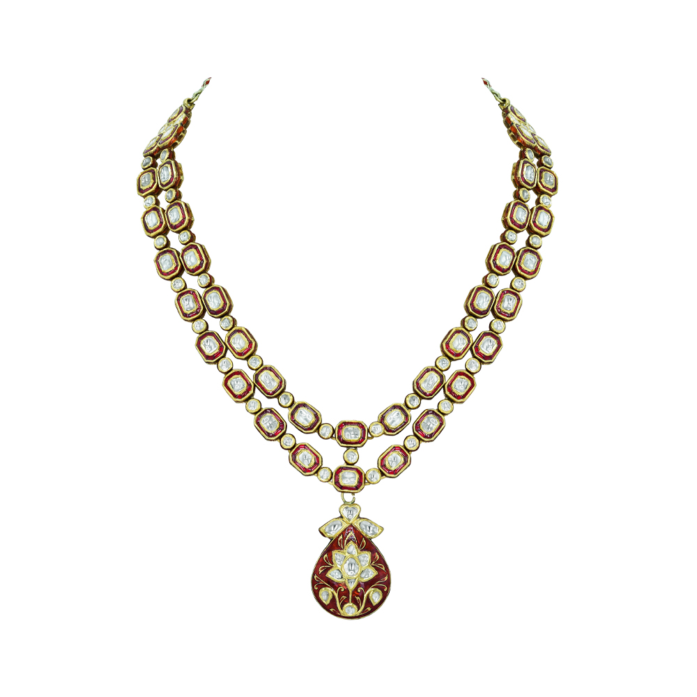 Double-Layer Polki Necklace with Red Enamel and Floral Pendant